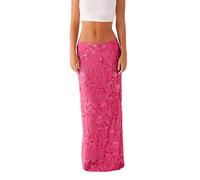 FeMereina Women Y2K Sequin Long Skirt Sparkle Rhinestone Floral Maxi Skirt High Waist Glitter Midi Skirt Going Out (Rose Red, M)