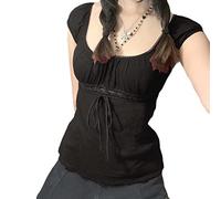FeMereina Women Y2k Short Sleeve Crop Tops Summer Retro Lace Trim Tie Front Slim Fit 90s Aesthetic T-Shirt Fairy Grunge treetwear (w-Black, XL)