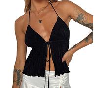FeMereina Women Y2K Sleeveless Halter Lace-Up Cardigan Cami Top Backless V Neck Ruffle Trim Retro Mini Crop Top Streetwear (Black, L)