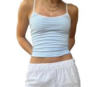 FeMereina Women Y2K Sleeveless Striped Spaghetti Strap Crop Cami Tank Backless Slim Fit Aesthetic Going Out Tops Girls (Blue, M)