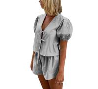 FeMereina Women Y2k Two Piece Striped Lounge Sets Puff Sleeve Tie front Blouse Top High Waist Shorts Casual Pajamas Sets (Black, XL)