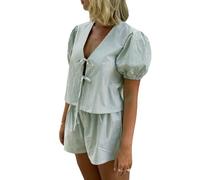 FeMereina Women Y2k Two Piece Striped Lounge Sets Puff Sleeve Tie front Blouse Top High Waist Shorts Casual Pajamas Sets (Green, L)