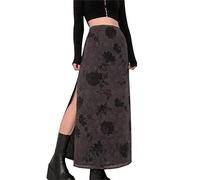 FeMereina Women Y2K Vintage Floral Printed Midi Skirt 90s E-Girl Grunge A Line Lace Patchwork Skirt High Waist Drawstring Long Skirt Streetwear (Gray#1, S)