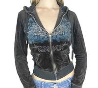 FeMereina Women Y2K Zip Up Crop Hoodies Long Sleeve Velvet Kawaii Cropped Sweatshirts Rhinestone Heart Printed Heart Hooded Jacket Autumn Streetwear (z-Black, XL)