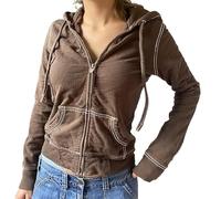FeMereina Women Y2K Zip Up Crop Hoodies Long Sleeve Velvet Kawaii Cropped Sweatshirts Rhinestone Heart Printed Heart Hooded Jacket Autumn Streetwear (Brown#1, L)