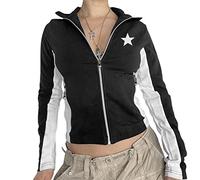 FeMereina Women Zip Up SweatshirtStand Collar Cropped Track Jacket Vintage Patchwork Aesthetic Slim Short Coat 90s Retro Streetwear (Black, S)