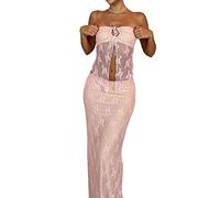 FeMereina Women's 2 Piece Dress Outfit Long Sleeve Tie-up Front Sheer Mesh Cardigan Tops Bodycon Maxi Long Skirts Streetwear (z-Pink, M)