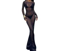 FeMereina Women's Asymmetrical Neck Sheer Mesh Evening Bodycon Maxi Dress Long Sleeve See Through Mesh Bodycon Dress (Black, M)