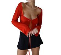 FeMereina Women's Bandage See Through Long Sleeve Crop Top Y2K Mesh Sexy T Shirt 90s Vintage Bolero Cardigan Square Collar Beach Wear (Red, Small)