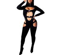 FeMereina Women's Bodycon Bag Buckle Rompers Jumpsuits High Neck Long Sleeves Sexy Hollow Out Biker Long Bodysuits Y2k Clubwear (A, XL)