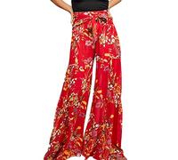 FeMereina Women's Boho Pants Floral Printed Palazzo Lounge Wide Leg Casual Flowy Pants Belted Beach Trousers with Pockets (Red, Large)