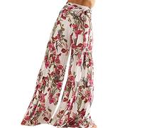 FeMereina Women's Boho Pants Floral Printed Palazzo Lounge Wide Leg Casual Flowy Pants Belted Beach Trousers with Pockets (White Red, Medium)