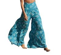 FeMereina Women's Boho Pants Floral Printed Palazzo Lounge Wide Leg Casual Flowy Pants Belted Beach Trousers with Pockets (Sky Blue, Small)