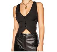 FeMereina Women's Business Button Up Sleeveless Blazer Vest Fully Lined V Neck Regular Fitted Jacket Waistcoat Crop (W-Black, M)