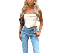 FeMereina Women's Button Down Denim Bustier Crop Top Strapless Jeans Corset Top Backles Push Up Corset Tank Tops Vintage Harajuku Streetwear (White#1, L)