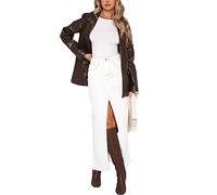 FeMereina Women's Casual Denim Skirt High Waist Split Front Long Jean Skirts Thigh Midi Denim Skirt with Pocket Aesthetic Streetwear (White, S)