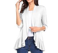 FeMereina Women's Casual Lightweight Open Front Cardigans Soft Draped Ruffles 3/4 Sleeve Cardigan S-2XL (White, X-Large)