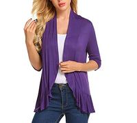 FeMereina Women's Casual Lightweight Open Front Cardigans Soft Draped Ruffles 3/4 Sleeve Cardigan S-2XL (Purple, X-Large)