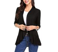 FeMereina Women's Casual Lightweight Open Front Cardigans Soft Draped Ruffles 3/4 Sleeve Cardigan S-2XL (Black, X-Large)