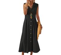FeMereina Womens Casual Loose Cotton Linen Long Shirt Dress Casual Tunic Blouse Tops Lapel Button Sleeveless Maxi Dresses Swimsuit Cover Ups (Black, S)