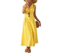 FeMereina Womens Casual Loose Cotton Linen Long Shirt Dress Casual Tunic Blouse Tops Lapel Button Sleeveless Maxi Dresses Swimsuit Cover Ups (Yellow, M)