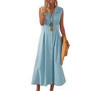 FeMereina Womens Casual Loose Cotton Linen Long Shirt Dress Casual Tunic Blouse Tops Lapel Button Sleeveless Maxi Dresses Swimsuit Cover Ups (Light Blue, XXXL)