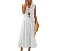 FeMereina Womens Casual Loose Cotton Linen Long Shirt Dress Casual Tunic Blouse Tops Lapel Button Sleeveless Maxi Dresses Swimsuit Cover Ups (White, S)