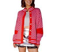FeMereina Womens Checkered Oversized Cardigan Sweaters Color Block Chunky Open Front Lantern Sleeve Plaid Knit Coats (Rose Red, M)