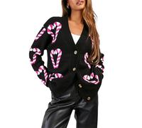 FeMereina Women's Christmas Cardigan Candy Cane/Gingerbread Man Drop Shoulder Sweaters Long Sleeve Ribbed Button-Front Xmas Knit Coat (Black, M)