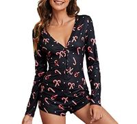 FeMereina Women's Christmas Long Sleeve Short Jumpsuit Button Down V Neck Xmas One Piece Bodysuit Club Tank Romper Overall Pajama (Black Crutch#1, XL)