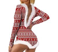 FeMereina Women's Christmas Long Sleeve Short Jumpsuit Button Down V Neck Xmas One Piece Bodysuit Club Tank Romper Overall Pajama (Red Elk Snowflake, XXL)