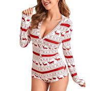 FeMereina Women's Christmas Long Sleeve Short Jumpsuit Button Down V Neck Xmas One Piece Bodysuit Club Tank Romper Overall Pajama (White Red#1, M)