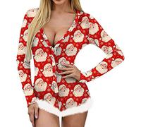 FeMereina Women's Christmas Long Sleeve Short Jumpsuit Button Down V Neck Xmas One Piece Bodysuit Club Tank Romper Overall Pajama (Red Santa Claus, S)