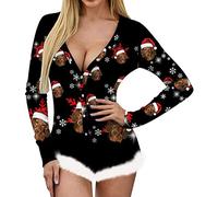 FeMereina Women's Christmas Long Sleeve Short Jumpsuit Button Down V Neck Xmas One Piece Bodysuit Club Tank Romper Overall Pajama (Black Christmas Hat, XL)