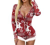 FeMereina Women's Christmas Long Sleeve Short Jumpsuit Button Down V Neck Xmas One Piece Bodysuit Club Tank Romper Overall Pajama (Red Snowflake Elk, M)