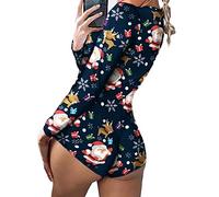 FeMereina Women's Christmas Long Sleeve Short Jumpsuit Button Down V Neck Xmas One Piece Bodysuit Club Tank Romper Overall Pajama (Navy Santa Claus, M)
