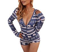 FeMereina Women's Christmas Long Sleeve Short Jumpsuit Button Down V Neck Xmas One Piece Bodysuit Club Tank Romper Overall Pajama (Navy#1, M)