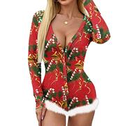 FeMereina Women's Christmas Long Sleeve Short Jumpsuit Button Down V Neck Xmas One Piece Bodysuit Club Tank Romper Overall Pajama (Red Christmas Bell, XL)