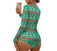 FeMereina Women's Christmas Long Sleeve Short Jumpsuit Button Down V Neck Xmas One Piece Bodysuit Club Tank Romper Overall Pajama (Green Christmas Tree, L)