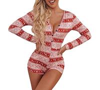 FeMereina Women's Christmas Long Sleeve Short Jumpsuit Button Down V Neck Xmas One Piece Bodysuit Club Tank Romper Overall Pajama (Pink#1, M)