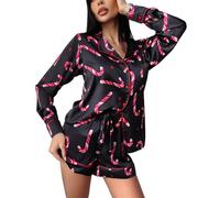 FeMereina Womens Christmas Lounge Sets Candy Cane Print Pocketed PJ Set Short Sleeve Xmas Top and Shorts (Black, M)