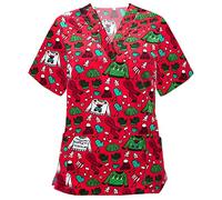 FeMereina Womens Christmas Scrubs Tops V-Neck Ultra Soft Santa Claus Print Short Sleeve Scrubs_Shirts with Pockets Christmas Nurses Top Tunic Uniform Blouse (Red, M)