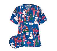 FeMereina Womens Christmas Scrubs Tops V-Neck Ultra Soft Santa Claus Print Short Sleeve Scrubs_Shirts with Pockets Christmas Nurses Top Tunic Uniform Blouse (Blue Christmas Tree#1, XL)