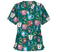 FeMereina Womens Christmas Scrubs Tops V-Neck Ultra Soft Santa Claus Print Short Sleeve Scrubs_Shirts with Pockets Christmas Nurses Top Tunic Uniform Blouse (Green Cup, XXL)