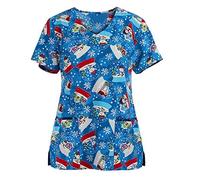 FeMereina Womens Christmas Scrubs_Tops V-Neck Ultra Soft Santa Claus Print Short Sleeve Scrubs_Shirts with Pockets (C, XL)
