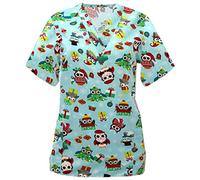 FeMereina Womens Christmas Scrubs Tops V-Neck Ultra Soft Santa Claus Print Short Sleeve Scrubs_Shirts with Pockets Christmas Nurses Top Tunic Uniform Blouse (Light Green, XL)