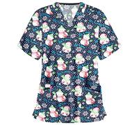 FeMereina Womens Christmas Scrubs Tops V-Neck Ultra Soft Santa Claus Print Short Sleeve Scrubs_Shirts with Pockets Christmas Nurses Top Tunic Uniform Blouse (Dark Blue Snowman, XL)