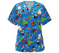 FeMereina Womens Christmas Scrubs Tops V-Neck Ultra Soft Santa Claus Print Short Sleeve Scrubs_Shirts with Pockets Christmas Nurses Top Tunic Uniform Blouse (Blue Snowman, XXXL)