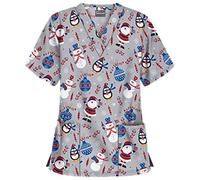 FeMereina Womens Christmas Scrubs Tops V-Neck Ultra Soft Santa Claus Print Short Sleeve Scrubs_Shirts with Pockets Christmas Nurses Top Tunic Uniform Blouse (Grey, M)