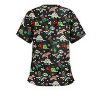 FeMereina Womens Christmas Scrubs Tops V-Neck Ultra Soft Santa Claus Print Short Sleeve Scrubs_Shirts with Pockets Christmas Nurses Top Tunic Uniform Blouse (Black#1, XXL)